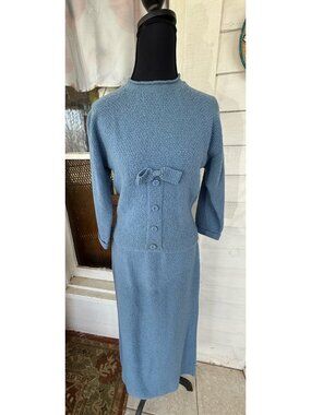 Vintage 50s Kimberly Knits Wool Sweater Top Skirt Set Blue Size S/M